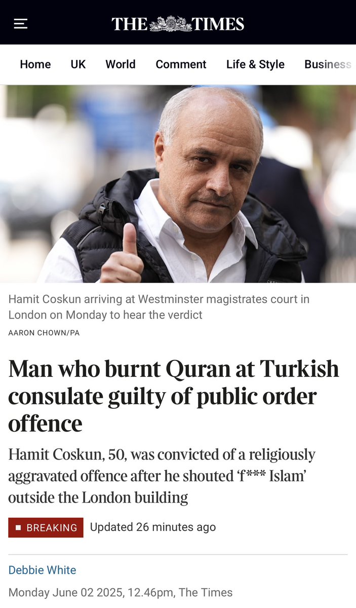 A man has been found guilty of a public order offence for burning his own copy of the Koran in a peaceful protest. 

Blasphemy law has returned to the UK.