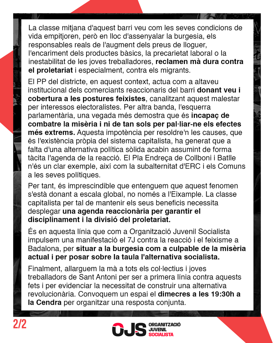 📢 No t’equivoquis d’enemic: combatem la reacció!

Denunciem aquest atac, així com l’auge de postures reaccionàries als nostres barris. I assenyalem els responsables reals: la burgesia i el sistema capitalista.

La joventut treballadora a primera línia contra la reacció!