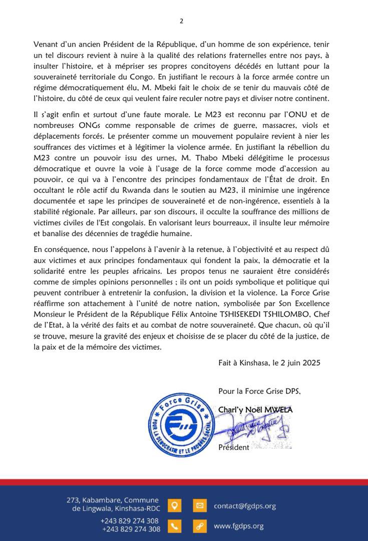 FG_dps's tweet photo. #RDC 02.06.2025 
🟢 𝐃𝐄𝐂𝐋𝐀𝐑𝐀𝐓𝐈𝐎𝐍 𝐃𝐄 𝐏𝐑𝐎𝐓𝐄𝐒𝐓𝐀𝐓𝐈𝐎𝐍 𝐃𝐄 𝐋𝐀 𝐅𝐎𝐑𝐂𝐄 𝐆𝐑𝐈𝐒𝐄 𝐃𝐏𝐒.

La Force Grise DPS a saisi l’Ambassade de l’Afrique du Sud en RDC au sujet de la récente sortie médiatique de l’ancien président sud africain, 𝐓𝐡𝐚𝐛𝐨 𝐌𝐛𝐞𝐤𝐢. https://t.co/32SEJwpPIT