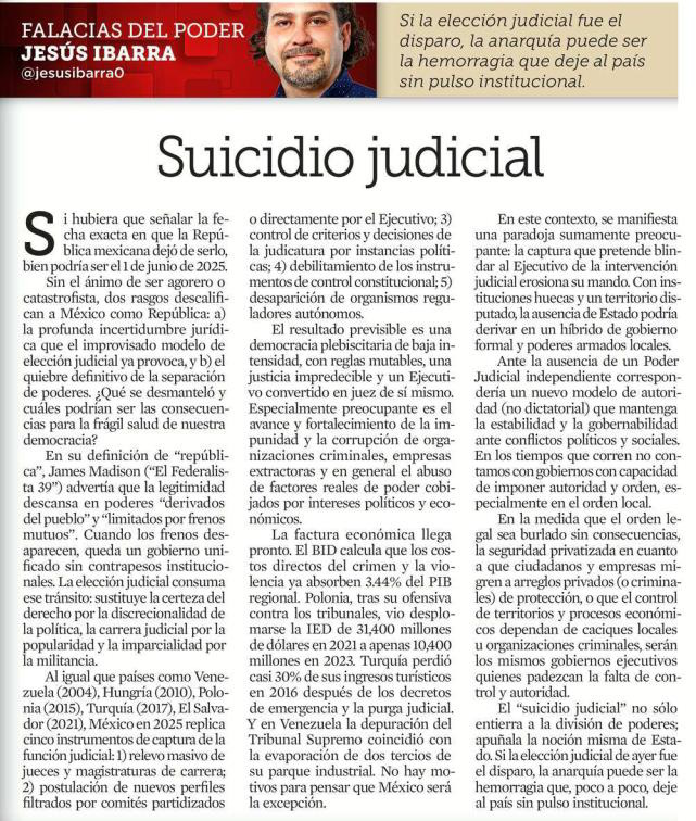 La paradoja de la #ElecciónJudicial: al sacudirse a un Poder Judicial incómodo, el Ejecutivo dinamita un instrumento de gobernabilidad. 

Sin instituciones de Estado, la estabilidad política  y social pasa a ser responsabilidad exclusiva de los gobiernos ejecutivos.