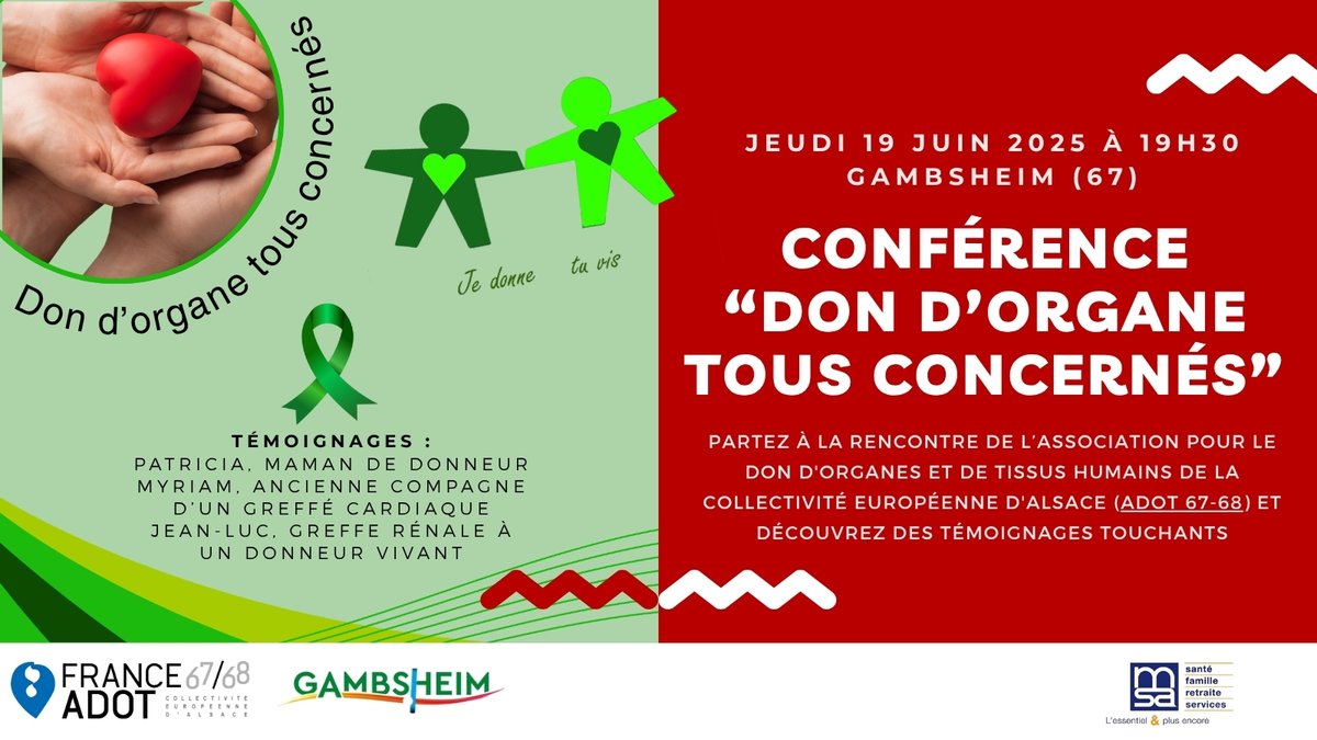 👉 Conférence sur le don d'organe 🫶

L'Association pour le Don d'Organes et de Tissus humains de la Collectivité Européenne d'Alsace (ADOT 67-68) viendra à Gambsheim pour vous présenter leur structure, leurs missions et témoigner !
