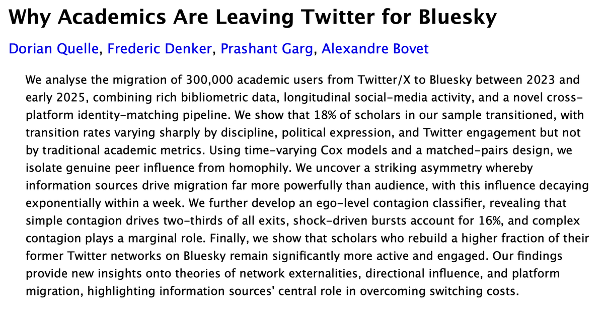 Dorian Quelle (@dorian_quelle) on Twitter photo 🚨 New pre-print! 🚨
“Why Academics Are Leaving Twitter for Bluesky”, joint with <a href="/Frederic_Denker/">Frederic Denker</a> <a href="/Prashant_Garg_/">Prashant Garg</a> <a href="/BovetAlexandre/">Alexandre Bovet</a> We track 300k scholars and find that 18 % have already switched. In this 🧵 who moved why, how contagion works, and what sustains engagement. 🚨 New pre-print! 🚨
“Why Academics Are Leaving Twitter for Bluesky”, joint with <a href="/Frederic_Denker/">Frederic Denker</a> <a href="/Prashant_Garg_/">Prashant Garg</a> <a href="/BovetAlexandre/">Alexandre Bovet</a> We track 300k scholars and find that 18 % have already switched. In this 🧵 who moved why, how contagion works, and what sustains engagement.