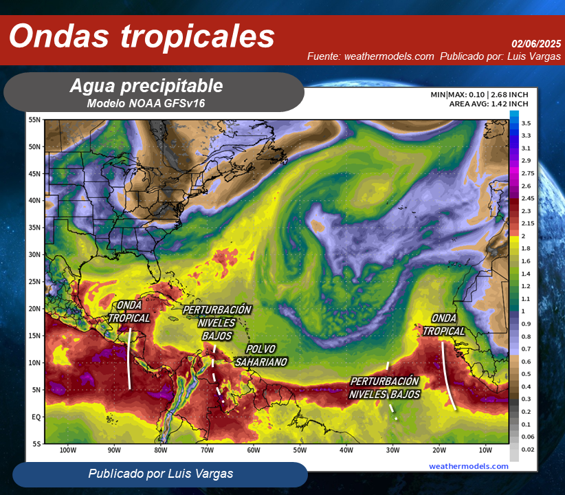 #2Jun Así vamos con las ondas tropicales en el Atlántico-Caribe:
▶️La segunda onda tropical de la temporada se encuentra en Centroamérica.
▶️Avanza hacia el occidente de Venezuela una perturbación en niveles bajos de la troposfera. Sigue otra similar al suroeste de Cabo Verde que