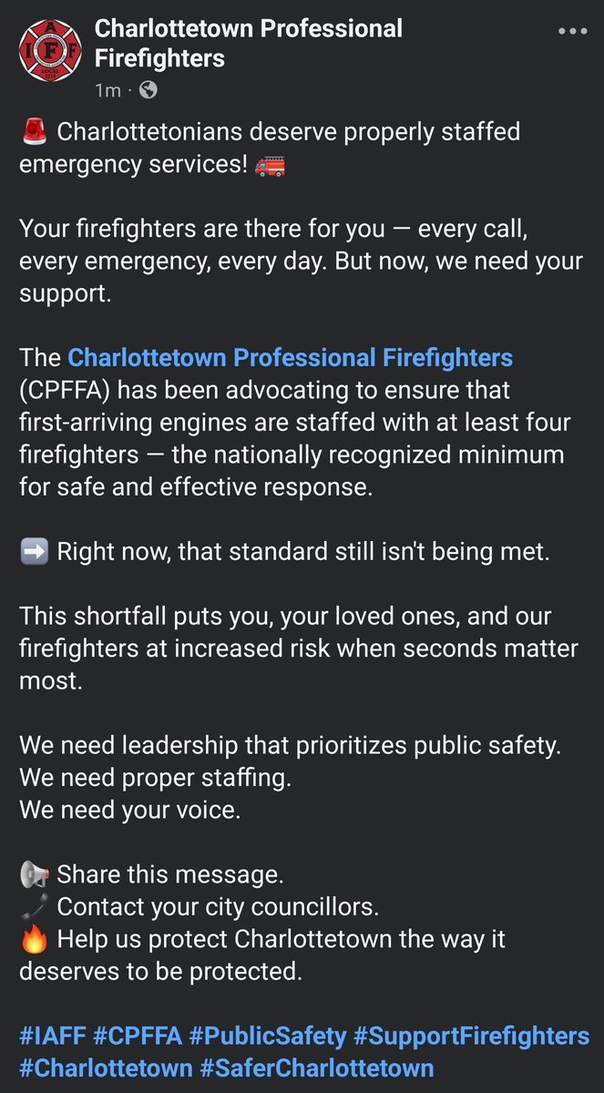 #IAFF #CPFFA #PublicSafety #SupportFirefighters

#Charlottetown #SaferCharlottetown