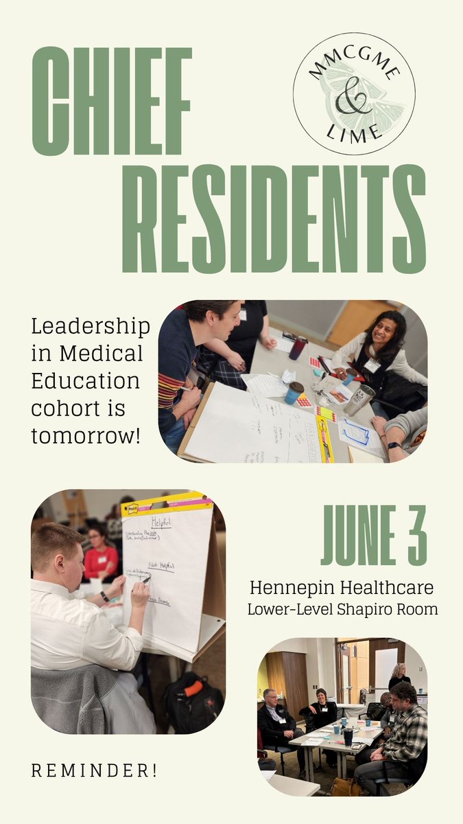 Chief Residents — It’s almost time!
Join us tomorrow (6/3) from 8-12 for the LIME Cohort at HCMC where we will dive into Culture &amp; Transitions. No pre-work or PowerPoints. Just meaningful conversation with fellow chief residents.

#MMCGME #LIME #ChiefResidents #MedicalLeadership