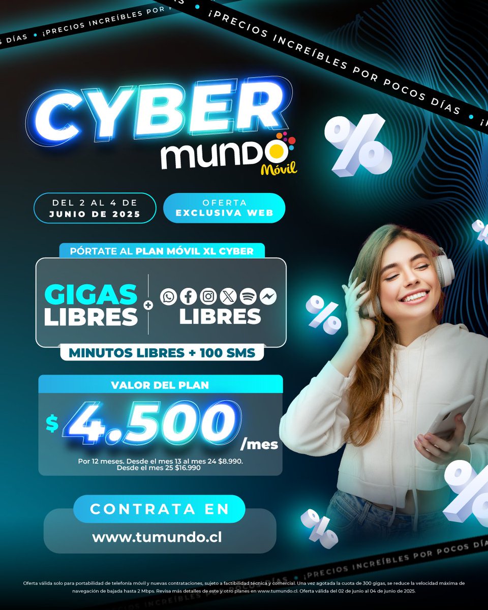 👉 Aprovecha el Cyber Mundo Móvil del 2 al 4 de junio

Una oferta exclusiva online que te mantendrá siempre conectado.

¡Es por pocos días! 📲 Contrata ahora en tumundo.cl

#CyberMundo #OfertaExclusiva #PlanMóvil