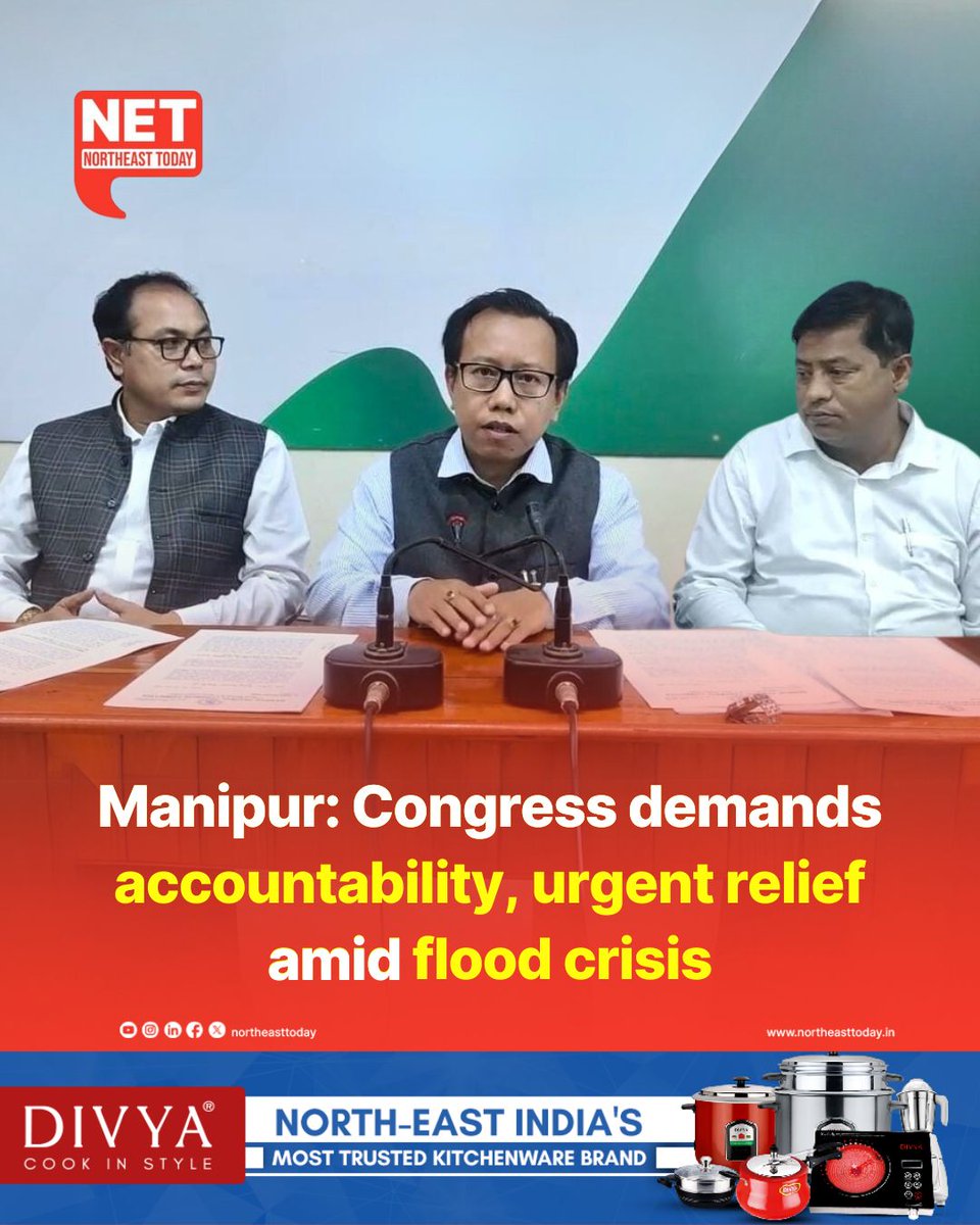 #Manipur | The Manipur Pradesh Congress Committee (MPCC) has called for immediate relief measures and greater accountability from authorities in response to the devastating floods sweeping across the state.

Read more..
northeasttoday.in/2025/06/02/man…

#Monsoon #WeatherCrisis