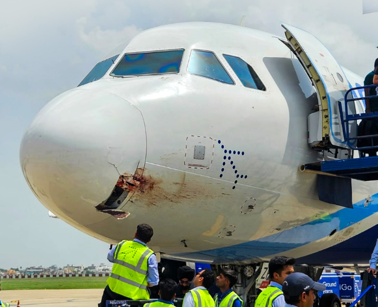 aviationbrk's tweet photo. IndiGo flight makes emergency landing after being hit by a vulture around 4,000 feet on approach to Ranchi airport, officials said on Monday. 

The airport said that the flight was carrying 175 passengers at the time of the incident and all passengers are safe.

"An IndiGo flight suffered a bird hit near Ranchi. It was approximately 10 to 12 nautical miles away from the city at an altitude of 3,000 to 4,000 feet when the incident occurred. The IndiGo flight was coming from Patna to Ranchi, and the pilot had to make an emergency landing here," Birsa Munda Airport, Ranchi, Director R R Maurya told media.