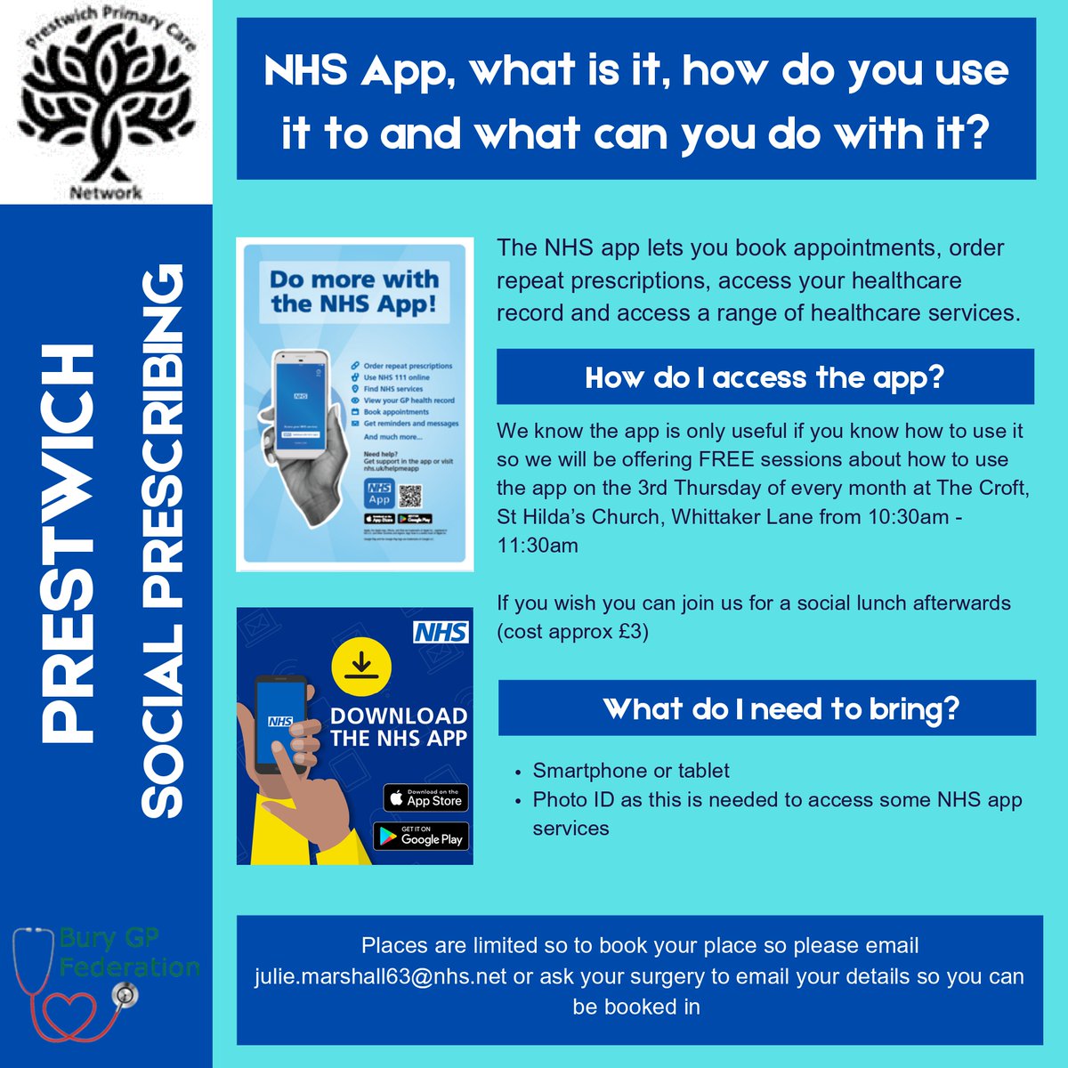 Join Claire from Prestwich Circle and Julie for an NHS app session - find out how to access it, what you can use it for an how to use it.

Prestwich &amp; Whitefield Primary Care Network

#NHSApp