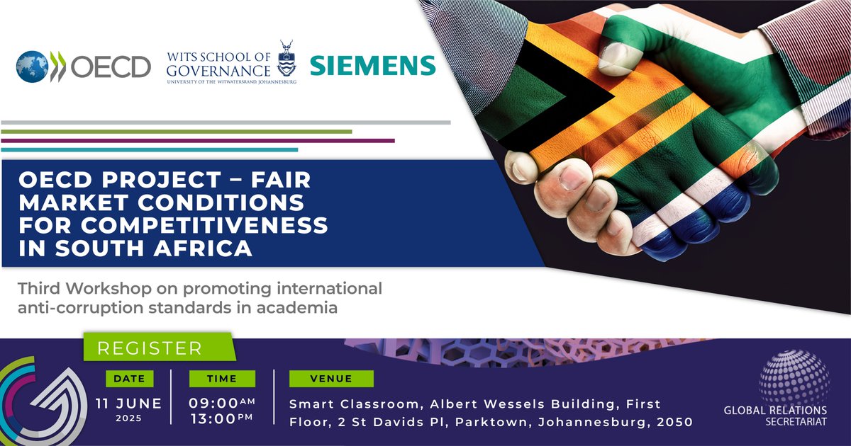 Join WSG on 11 June for the third Workshop on promoting international anti-corruption standards in academia. 
09:00–13:00
Smart Classroom, Albert Wessels Building, 2 St Davids Pl, Parktown or Online
Register: shorturl.at/TlZRa
 
#WitsSchoolOfGovernance #WSG #WitsFofGood