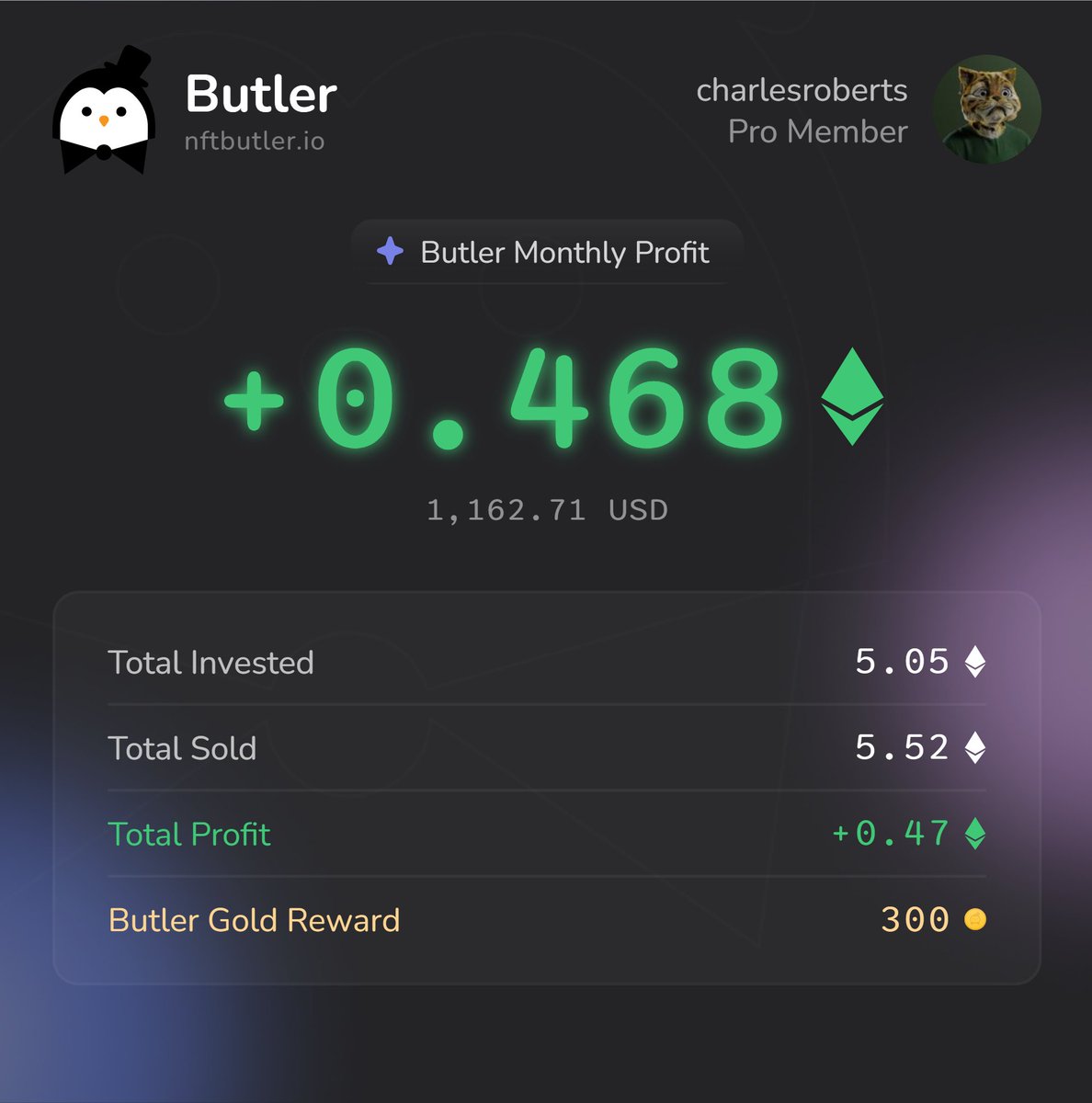 0.468 Ξ in profit made in the last 2 days using <a href="/nftbutler/">NFT Butler</a> 💰📈

Sharing on X to grab my extra 300 Butler Gold 🟠
Bidding’s a breeze with NFT Butler in my arsenal!  🐧

#NFT #NFTCommunity #NFTButler

nftbutler.io