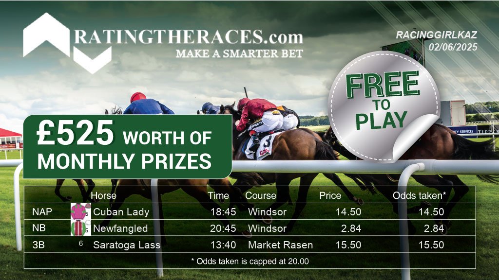 My #RTRNaps are:

Cuban Lady @ 18:45
Newfangled @ 20:45
Saratoga Lass @ 13:40

Sponsored by <a href="/RatingTheRaces/">RatingTheRaces</a> - Enter for FREE here: bit.ly/NapCompFreeEnt…