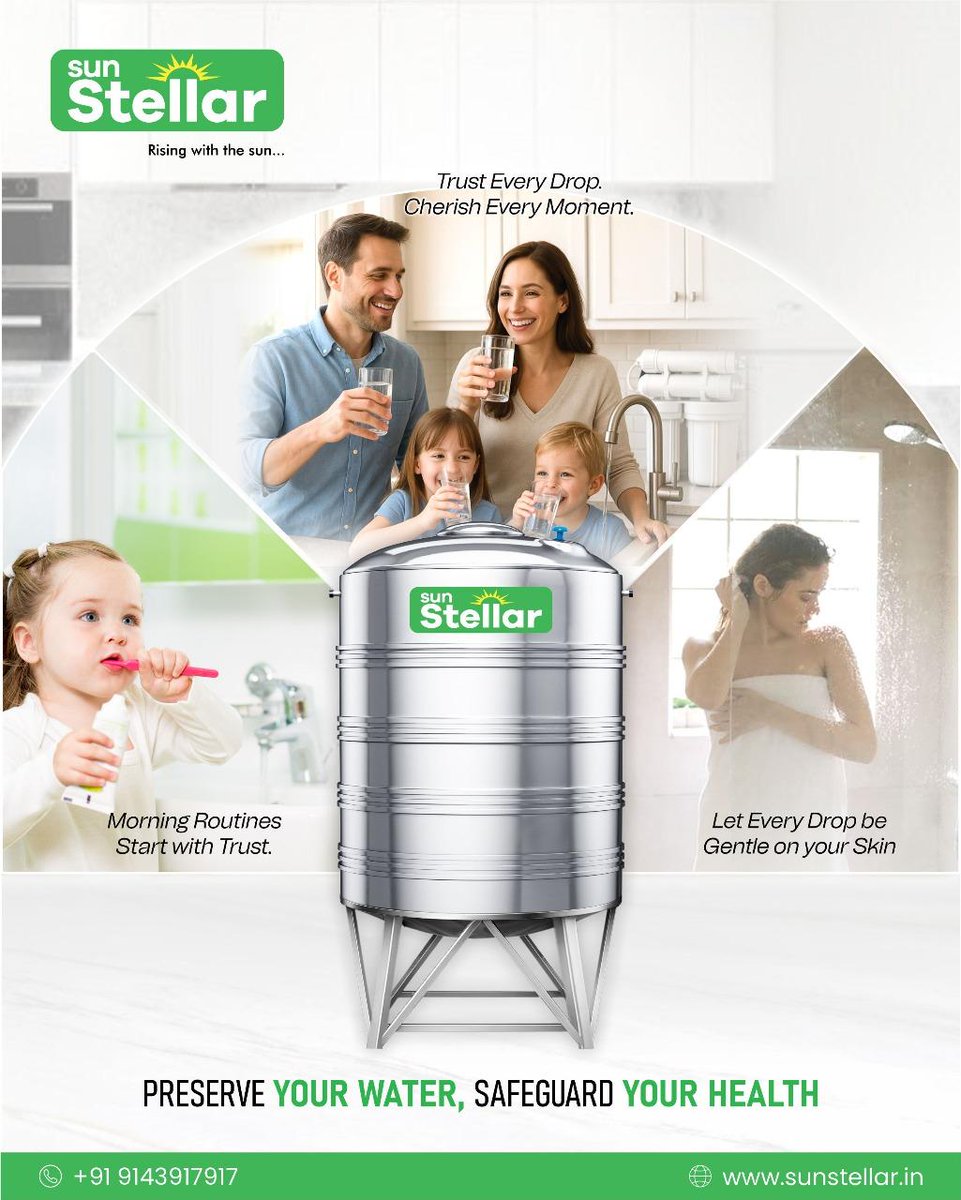 ☀️ Sun Stellar Stainless Steel Water Tanks
✔ Preserve purity
✔ Protect your family’s health
✔ Built for trust, inside and out

Visit 👉 sunstellar.in | 📞 +91 9143917917

#SunStellar #WaterTank #SafeWaterStorage #HealthyLiving #FamilyFirst #StainlessSteelTank