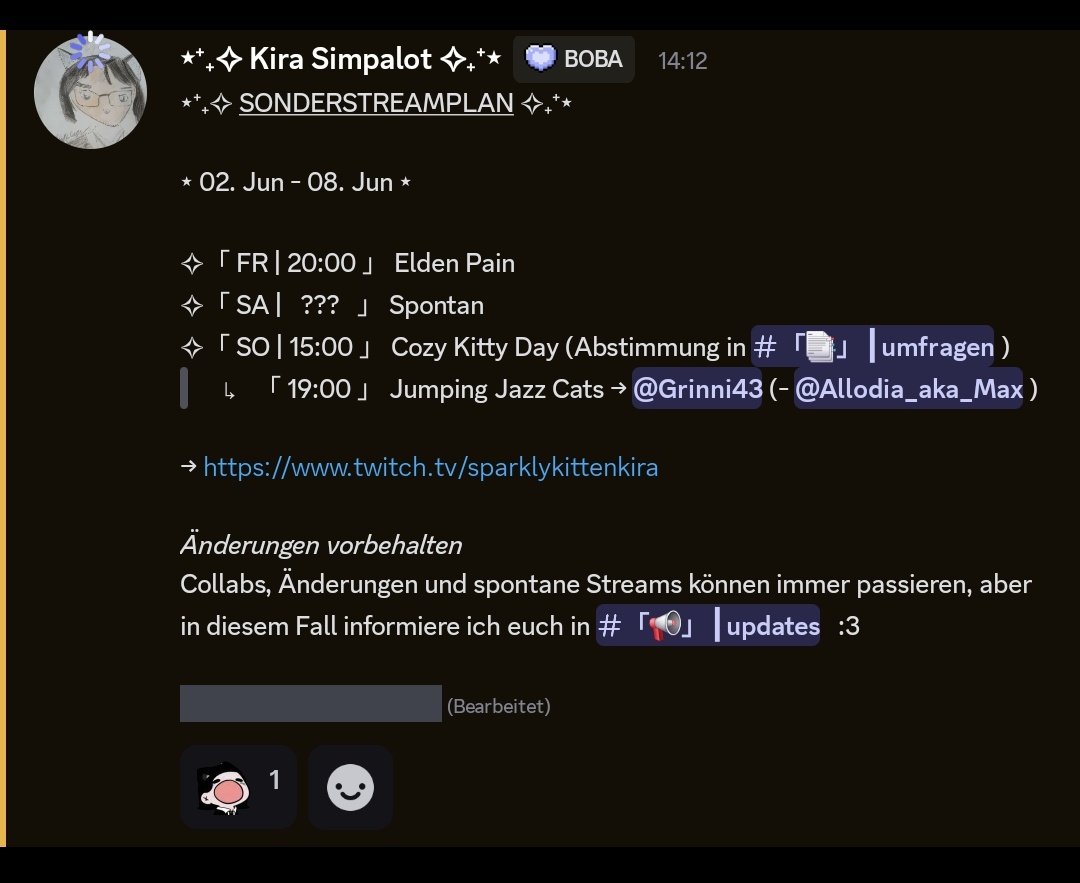 ⋆⁺₊✧ STREAMPLAN ✧₊⁺⋆

Diese Woche gibt es mal wieder mehr Streams von mir!
Ich hoffe ihr freut euch genauso wie ich~

Falls ihr mitentscheiden wollt, welches Spiel wir am Sonntag spielen, könnt ihr gern meinem DC beitreten und abstimmen :3
→ discord.gg/nMxMyqEJc2