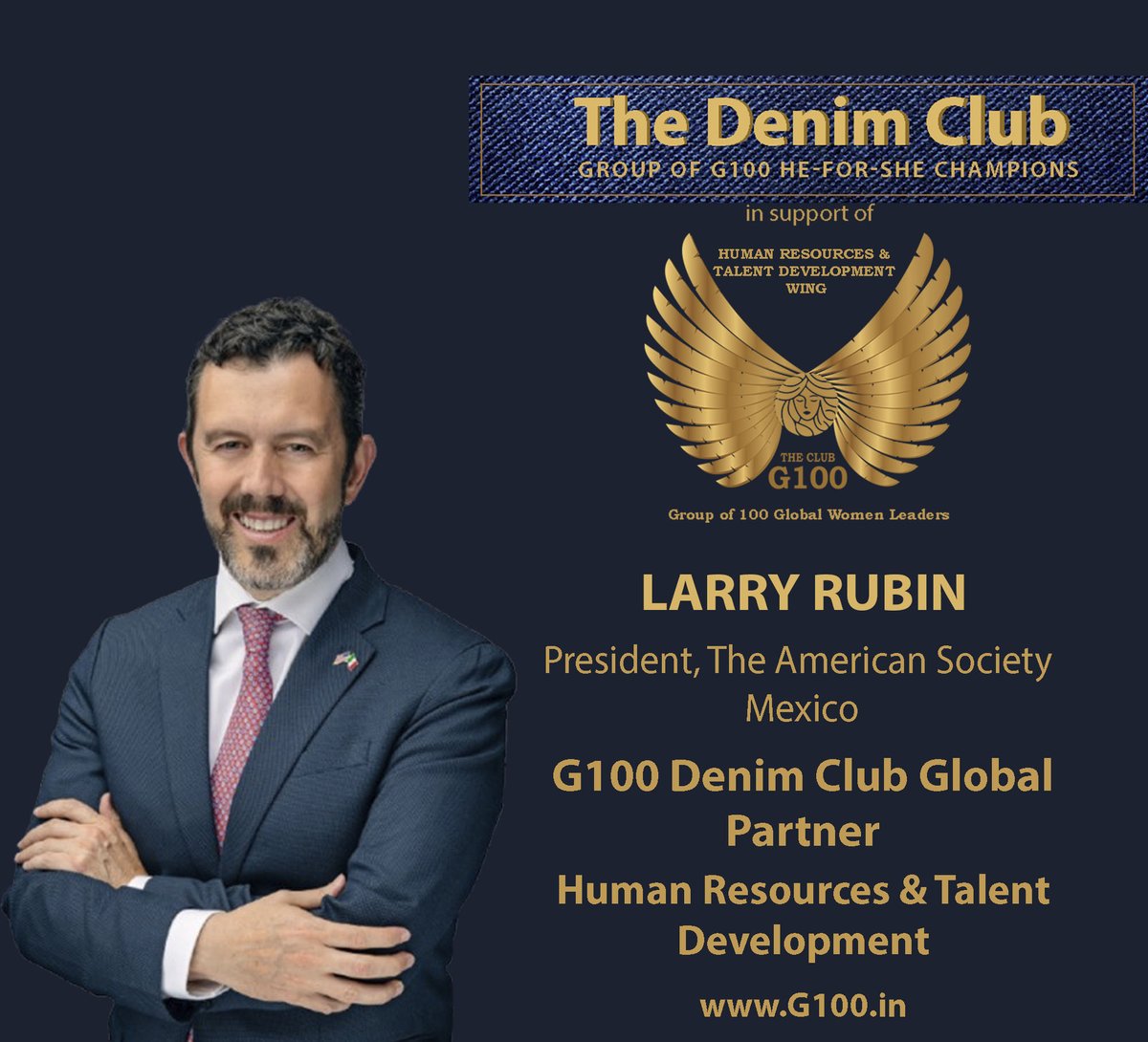 G100 (@g100wefleaders) on Twitter photo On behalf of Patricia Gonzalez, G100 Global Chair for Human Resources & Talent Development, welcoming for this wing G100 Denim Club partner and inspiring leader, Larry Rubin, President, The American Society of Mexico. 
#G100denimclub #HeForShe On behalf of Patricia Gonzalez, G100 Global Chair for Human Resources & Talent Development, welcoming for this wing G100 Denim Club partner and inspiring leader, Larry Rubin, President, The American Society of Mexico. 
#G100denimclub #HeForShe
