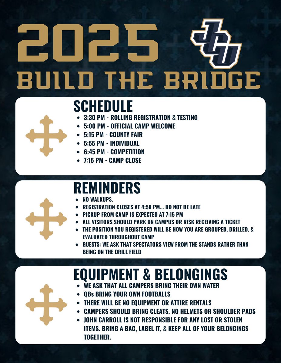 ⚡️BTB 2025-TODAY IS THE DAY⚡️

🚫CAMP = SOLD OUT. No walk-ups/waitlist.
📍Review attached reminders
🅿️Follow parking map
📋Know drill areas

📩Check email (Campers, Guardians, Coaches)
⏱️3:30–4:50pm check-in. Be late = Be forgotten!

⚡️Guest Coaches DM <a href="/FBCoachTJ/">Travis James 🇺🇸</a> if missing info