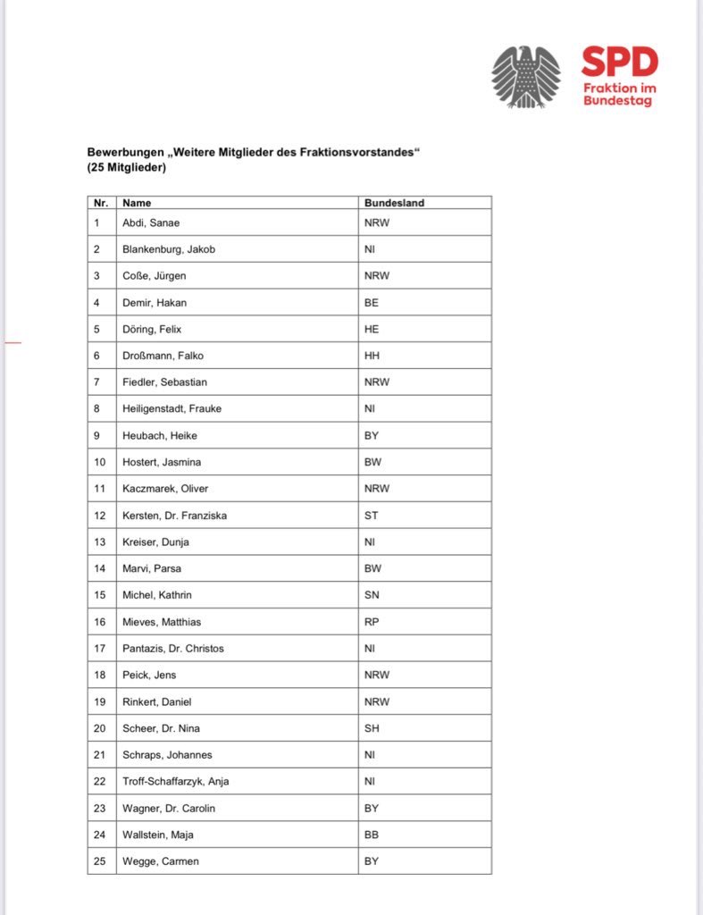 Folgende SPD-Abgeordnete bewerben sich für den Fraktionsvorstand