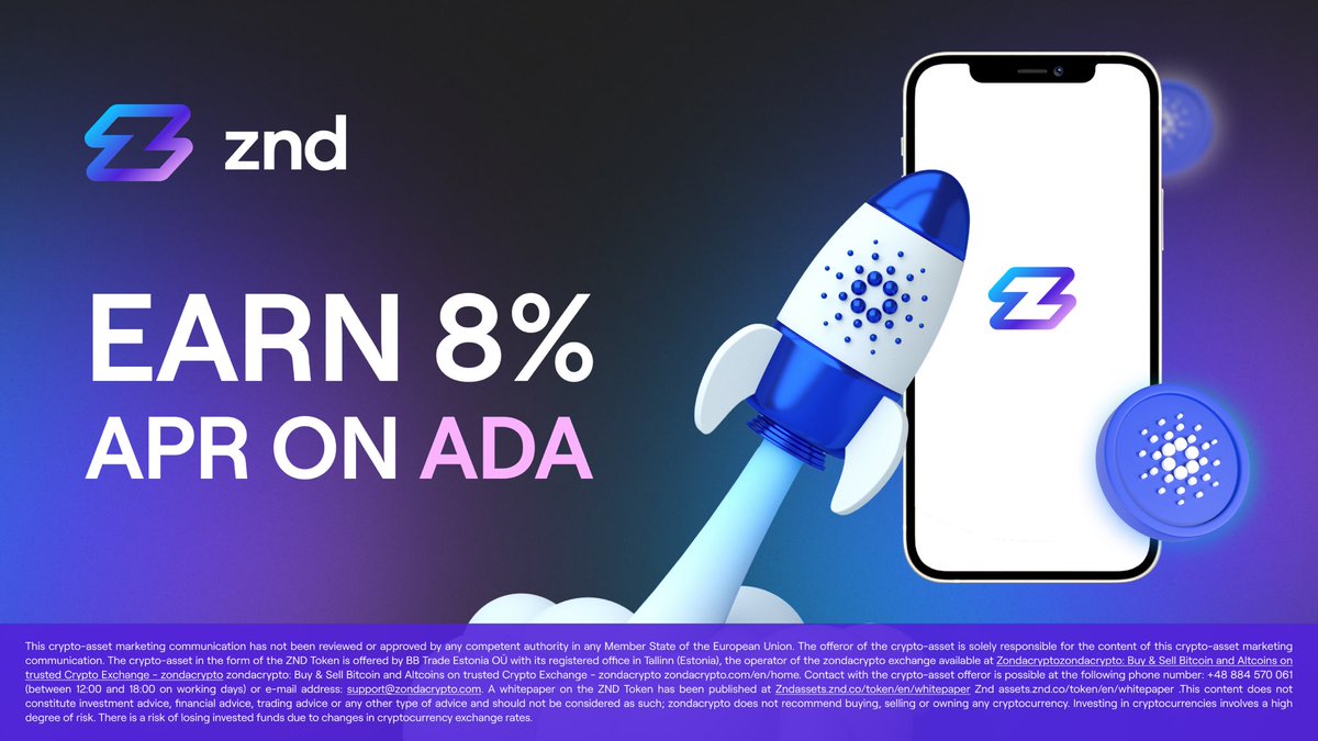 🚀 You ask, we deliver, another Earn promotion on ZND is here! 

This time, it’s Cardano (ADA) with a boosted APR!
Freeze your $ADA for just 7 days and earn 8.01% APR 📈
Turn on $ZND Farming to raise it up to 9.61% APR 🔥

Available for everyone, but only for a limited time ⏳