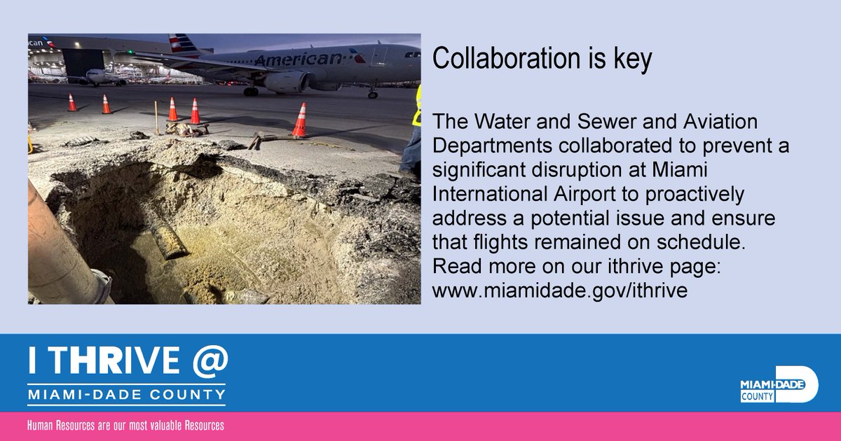MiamiDadePIOD's tweet image. County departments often work together to achieve shared goals, resolve issues, and offer critical support and expertise. In this case, @MiamiDadeWater and @IflyMia recently worked together at MIA where routine maintenance revealed a much larger and urgent repair.
