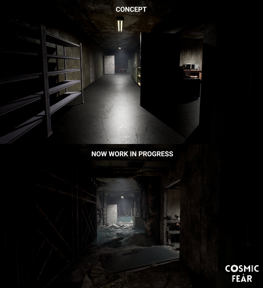 Working on the abandoned factory. Before and after 👽 #cosmicfear #gamedev #indiedev #Lovecraft #UnrealEngine5 
store.steampowered.com/app/3306920/Co…