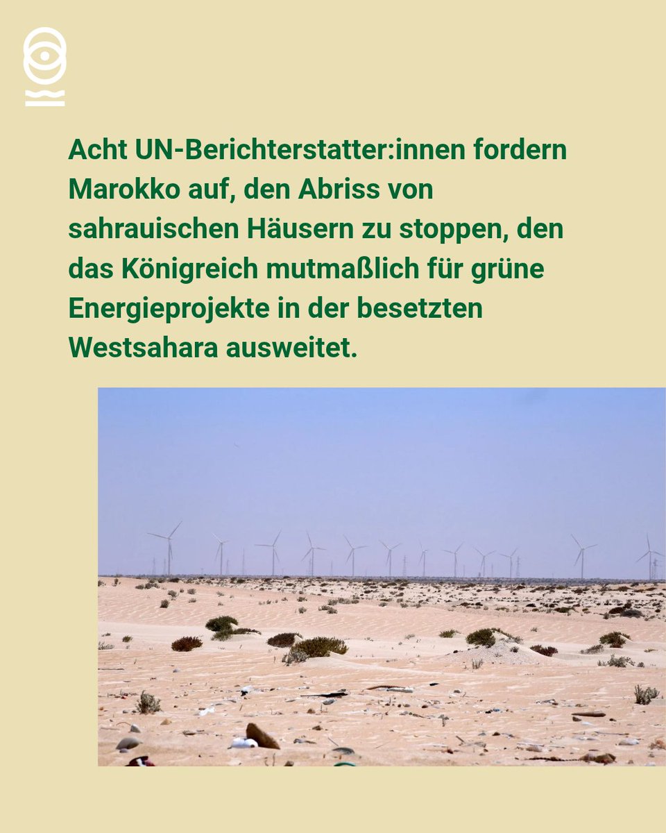 wsrwDE's tweet image. 8 @UN-Sonderberichterstatter:innen fordern Marokko auf, Landraub & Abriss von Sahrauischen Häusern zu stoppen & sicherzustellen, dass das Volk der #Westsahara sein Selbstbestimmungsrecht vollumfänglich ausüben kann.
@Siemens_Energy @hd_materials @Allianz
wsrw.org/de/nachrichten…