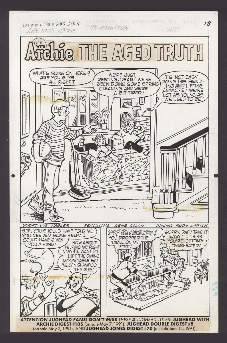 BlueCat67515313's tweet photo. @ManFirestorm @HelloBerlin3 Look at this page,  for example. 
Pure Archie style drawing,  but look at the shape and folds on Archie's clothes in the first panel-  pure Gene Colan!   
Sounds like a strange combination of styles,  but Gene The Dean was so good that it works! https://t.co/KT6yIgiuf2