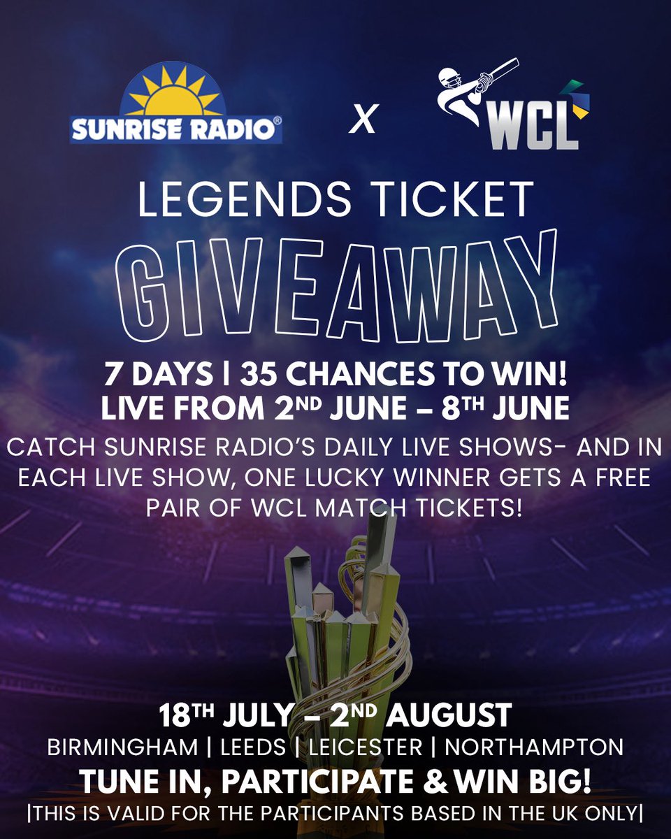 World Championship Of Legends (@wclleague) on Twitter photo 7 DAYS. 35 CHANCES. 70 FREE TICKETS!
Sunrise Radio is bringing you the ultimate WCL giveaway ๐๐๏ธ
Tune in LIVE every day , answer a simple question and WIN 2 FREE tickets to a WCL match โ 1 winner in every show!
โ ๏ธ UK residents only!
<a href="/ThisIsSunrise/">Sunrise Radio</a> 7 DAYS. 35 CHANCES. 70 FREE TICKETS!
Sunrise Radio is bringing you the ultimate WCL giveaway ๐๐๏ธ
Tune in LIVE every day , answer a simple question and WIN 2 FREE tickets to a WCL match โ 1 winner in every show!
โ ๏ธ UK residents only!
<a href="/ThisIsSunrise/">Sunrise Radio</a>