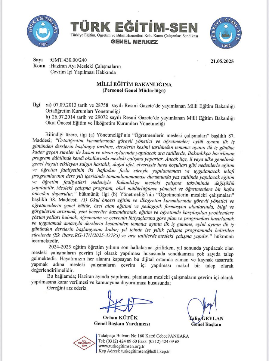 HAZİRAN MESLEKİ ÇALIŞMALARI ÇEVRİM İÇİ YAPILSIN.
Öğretmenlerimiz Haziran ayı mesleki çalışmalarının çevrim içi yapılması hususunda MEB’den cevap bekliyor.
Nitekim 21 Mayıs tarihinde de yazılı bir başvuru yaparak talebimizi dile getirmiştik.
Bakanlık, yaşadığımız dijital çağda