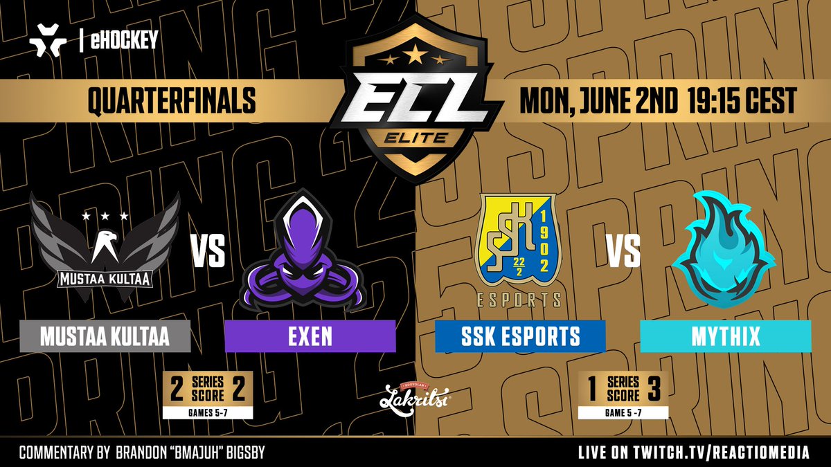 SportsGamer (@sportsgamergg) on Twitter photo 🔥 The #ECL25Spring Elite Quarterfinals continue TONIGHT and two more Semifinalists will be decided!
📺 Watch LIVE: twitch.tv/ReactioMedia
⏰ 19:15 CEST | Mon, June 2nd
🦅 <a href="/MustaaKultaaNHL/">Mustaa Kultaa</a> vs <a href="/ExenEsports/">EXEN</a> 🐙
💛 <a href="/SSKEsports/">SSK Esports</a> vs <a href="/MythixNHL/">Mythix</a> 🔥
🎙️ <a href="/bMaJuH/">MaJuH 🎥</a>
#eHockey | #NHL25 | 🔥 The #ECL25Spring Elite Quarterfinals continue TONIGHT and two more Semifinalists will be decided!
📺 Watch LIVE: twitch.tv/ReactioMedia
⏰ 19:15 CEST | Mon, June 2nd
🦅 <a href="/MustaaKultaaNHL/">Mustaa Kultaa</a> vs <a href="/ExenEsports/">EXEN</a> 🐙
💛 <a href="/SSKEsports/">SSK Esports</a> vs <a href="/MythixNHL/">Mythix</a> 🔥
🎙️ <a href="/bMaJuH/">MaJuH 🎥</a>
#eHockey | #NHL25 |