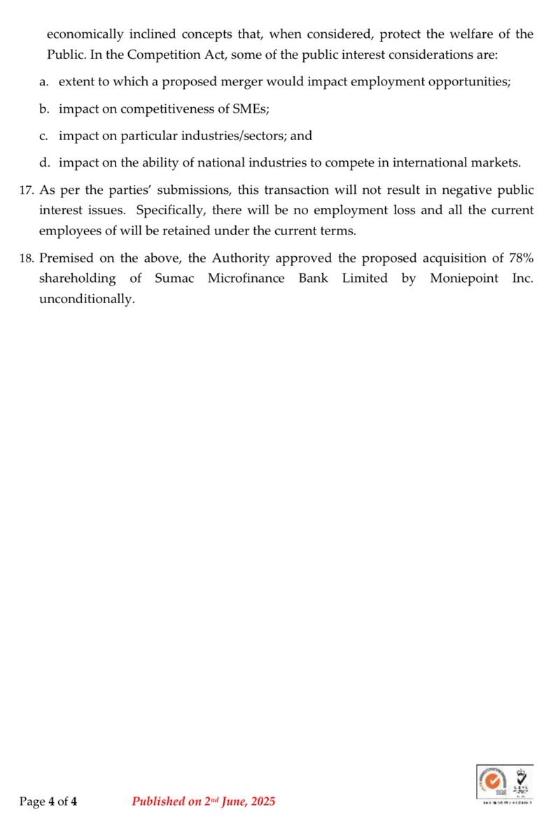 CAK approves Moniepoint Inc’s acquisition of 78% shareholding in Sumac Microfinance Bank Limited.