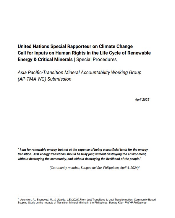 🌏Read the the Asia Pacific Transition Minerals Accountability WG submission to the UN Special Rapporteur on Climate Change’s call for inputs on Human Rights in the Life Cycle of Renewable Energy &amp; Critical Minerals.

📄:pwyp.org/wp-content/upl…

🧵👇