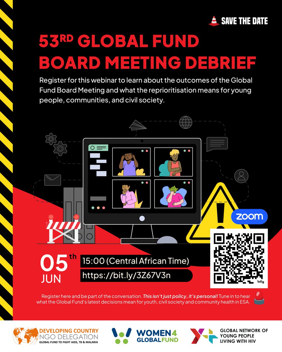 Y+ Global (@yplus_global) on Twitter photo ๐ข SAVE THE DATE! Join us for the 53rd Global Fund Board Meeting Debrief webinar! In collab with Y+ Global, <a href="/w4_gf/">Women4GlobalFund (W4GF)</a> & <a href="/DevelopedNgo/">Global Fund Developed Country NGO Delegation</a>. Find out what the reprioritisation means for youth & communities.
๐๏ธ Thurs, 5 June 2025
๐ 15:00 (Central Africa Time)
๐ us02web.zoom.us/meeting/registโฆ ๐ข SAVE THE DATE! Join us for the 53rd Global Fund Board Meeting Debrief webinar! In collab with Y+ Global, <a href="/w4_gf/">Women4GlobalFund (W4GF)</a> & <a href="/DevelopedNgo/">Global Fund Developed Country NGO Delegation</a>. Find out what the reprioritisation means for youth & communities.
๐๏ธ Thurs, 5 June 2025
๐ 15:00 (Central Africa Time)
๐ us02web.zoom.us/meeting/registโฆ