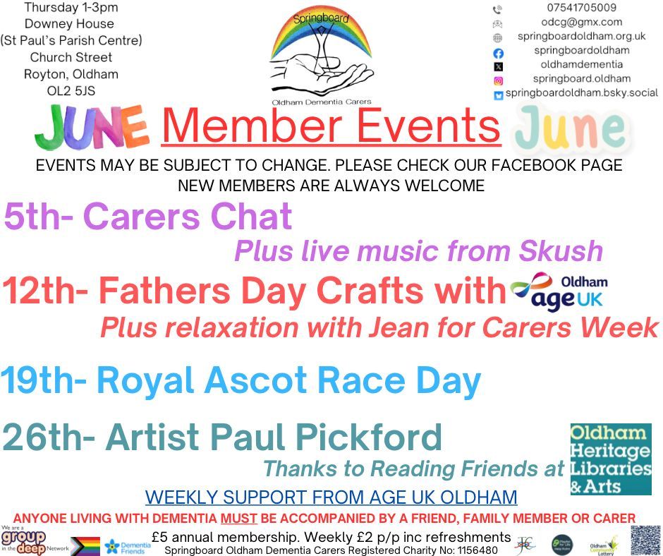 June starts with our monthly carers chat plus live music from Skush. @ageukOldham will celebrate Fathers Day &amp; Carers Week plus relaxation with Jean.  Then we’ve a race day for Royal Ascot &amp; end the month with a visit from @paulpickford7
#OldhamHour #Dementia #Carers
#CarersWeek