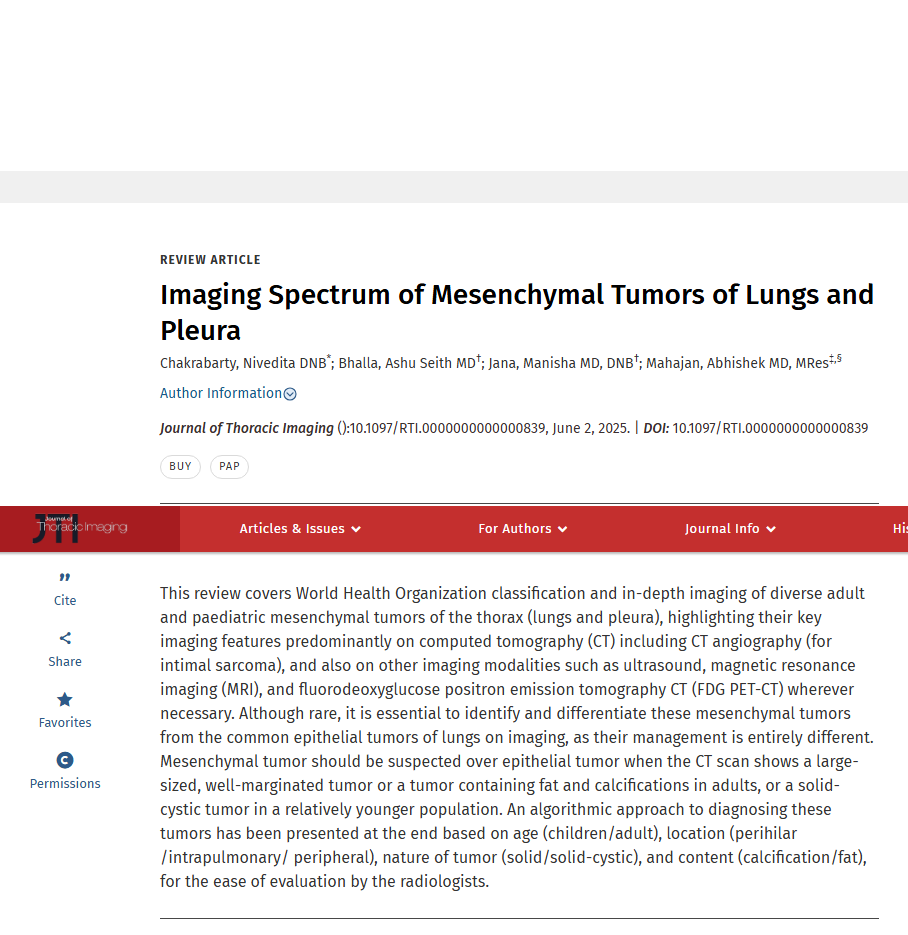 Abhishek Mahajan (@amcancerimaging) on Twitter photo 🎉 Excited to share our latest publication in Journal of Thoracic Imaging! Huge congratulations to first author <a href="/DrNiveditaC/">Dr. Nivedita Chakrabarty</a> 👏
"Imaging Spectrum of Mesenchymal Tumors of Lungs and Pleura". Read here👉 journals.lww.com/thoracicimagin…
#Radiology #RadTwitter #MedTwitter #ChestRad #Oncology 🎉 Excited to share our latest publication in Journal of Thoracic Imaging! Huge congratulations to first author <a href="/DrNiveditaC/">Dr. Nivedita Chakrabarty</a> 👏
"Imaging Spectrum of Mesenchymal Tumors of Lungs and Pleura". Read here👉 journals.lww.com/thoracicimagin…
#Radiology #RadTwitter #MedTwitter #ChestRad #Oncology