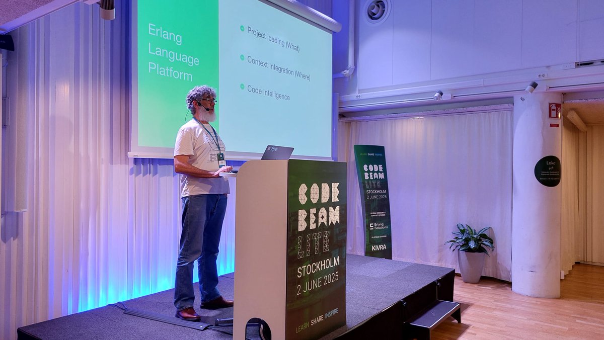CodeBEAMio's tweet image. 🔍 Alan Zimmerman showing the magic of Semantic Search and Replace for Erlang linting at Code BEAM Stockholm! Regex-like syntax matching makes lint authoring incredibly simple ✨ Pattern detection + fixes made easy! #CodeBEAM #ErlangLang #DeveloperTools
