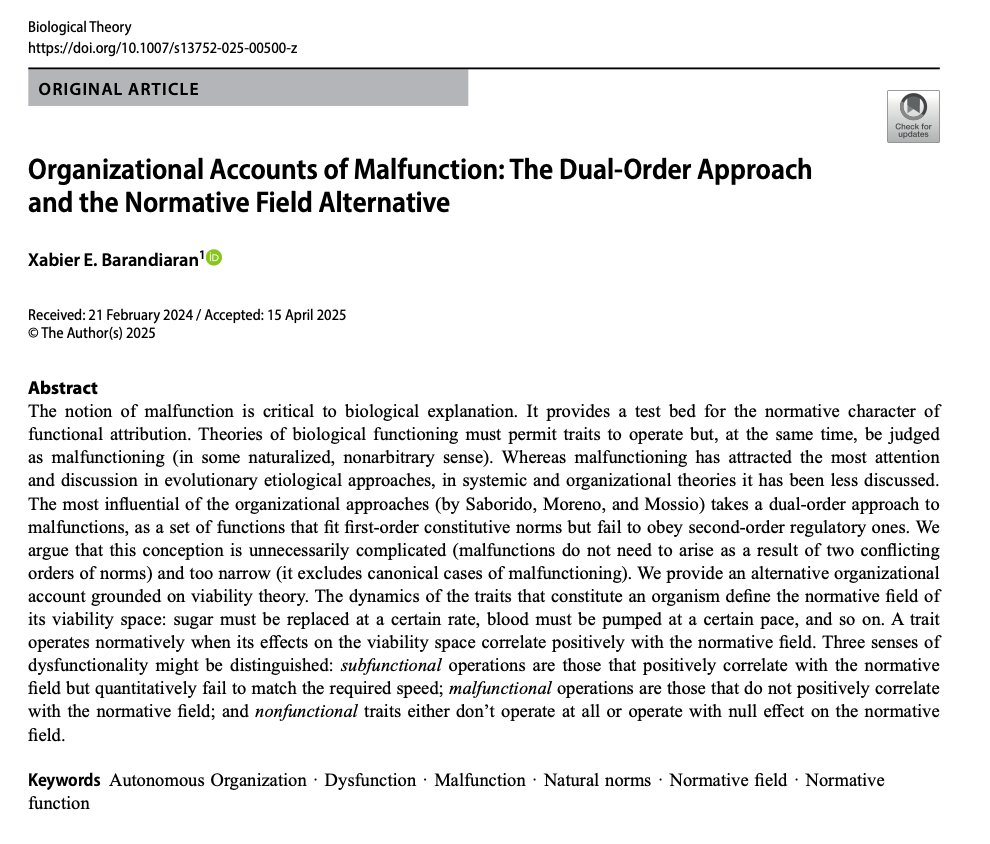BiolTheory's tweet image. ➡️New article out⬅️
"Organizational Accounts of Malfunction: The Dual-Order Approach and the Normative Field Alternative"
by Xabier Barandiaran
Open access: rdcu.be/eo46D