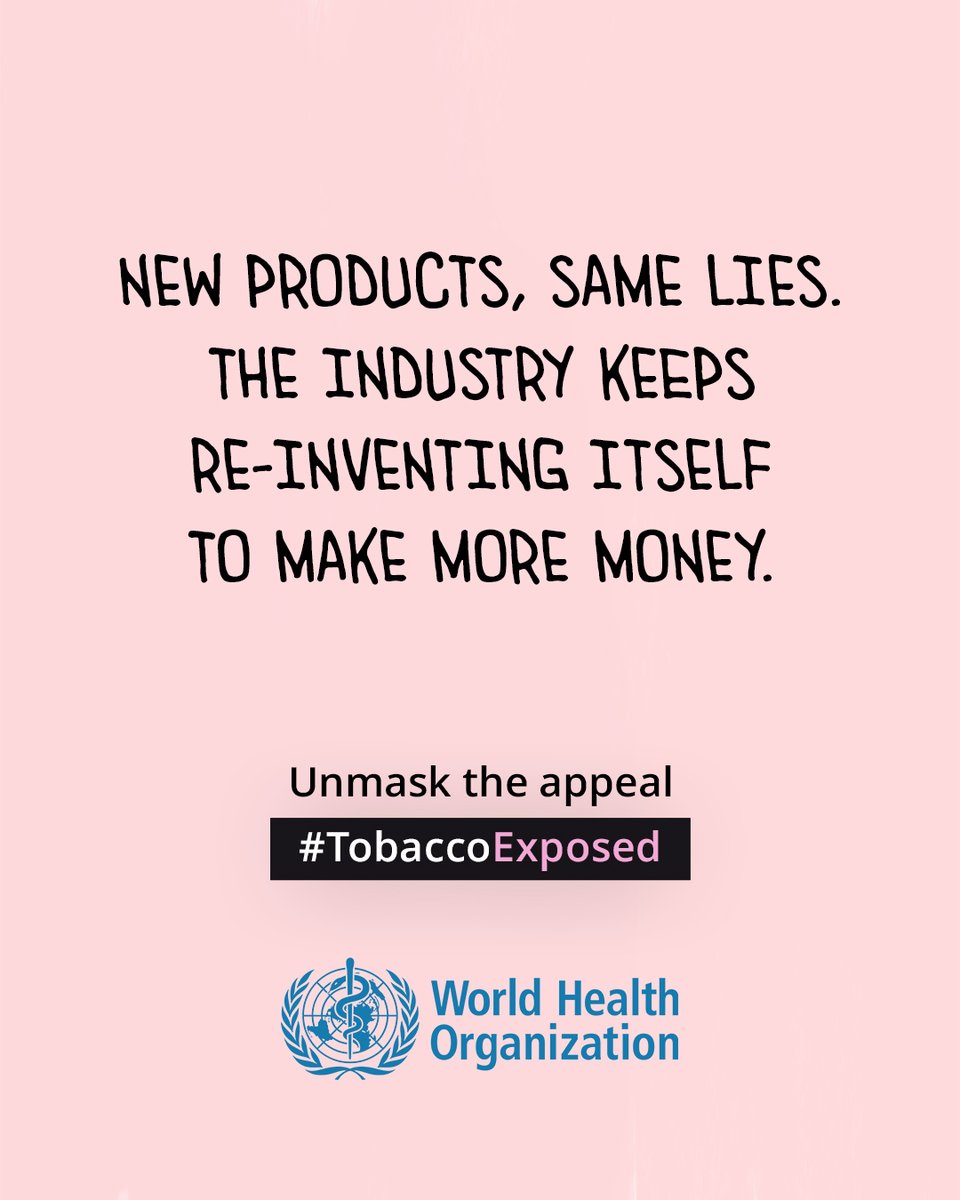 WHO Jordan (@whojordan) on Twitter photo Tobacco & nicotine companies can’t disguise the ugly truth:
Whether it’s cigarettes or vapes, ALL tobacco & nicotine products are addictive and harmful to health. #TobaccoExposed
#WorldNoTobaccoDay
<a href="/WHOEMRO/">WHO Regional Office for the Eastern Mediterranean</a>
<a href="/UnitedNationsJO/">UN Jordan 🇯🇴</a> Tobacco & nicotine companies can’t disguise the ugly truth:
Whether it’s cigarettes or vapes, ALL tobacco & nicotine products are addictive and harmful to health. #TobaccoExposed
#WorldNoTobaccoDay
<a href="/WHOEMRO/">WHO Regional Office for the Eastern Mediterranean</a>
<a href="/UnitedNationsJO/">UN Jordan 🇯🇴</a>