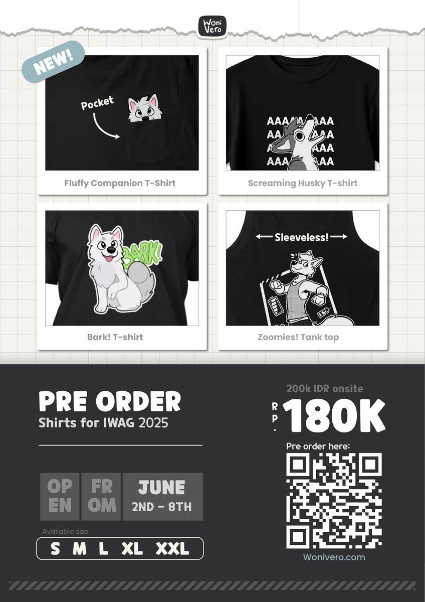 Shirt pre orders are now OPEN!!!

Products only to be picked up by IWAG attendees only!
Do not pre order if you can't go there ⚠️

Payments are made using midtrans (QRIS, Gopay, etc) using IDR 🇮🇩

See more at : wonivero.com
