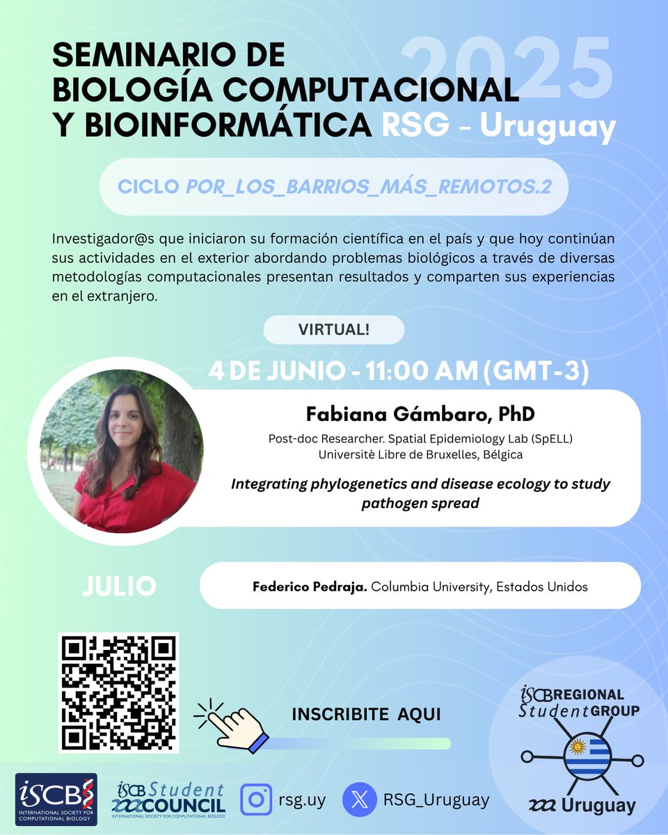 RSG_Uruguay's tweet image. Los invitamos a una nueva sesión del Seminario de Biología Computacional y Bioinformática de RSG Uruguay, en el marco de la edición 2025 del ciclo “Por los barrios más remotos”
El seminario es virtual y libre, con inscripción previa aquí:
salavirtual-udelar.zoom.us/meeting/regist…
Los esperamos!