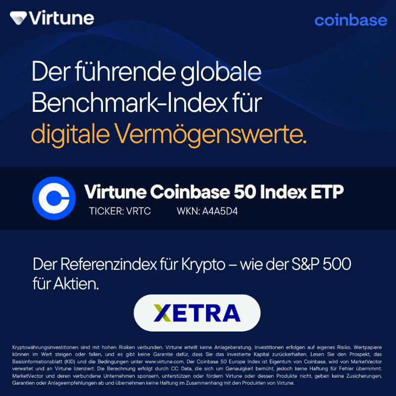 VirtuneAB's tweet photo. Jetzt an der Xetra gelistet – Virtune Coinbase 50 Index ETP! Investiere smart in Krypto. Virtune bietet dir ein zu 100 % besichertes Kryptoindex-ETP, das bis zu 90 % des Kryptomarktes abdeckt – smart, sicher und diversifiziert.