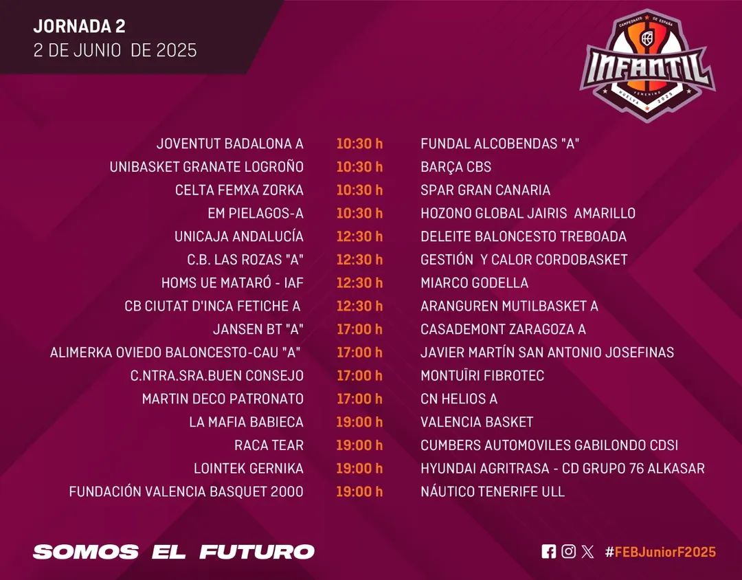 ,🏀➡️#Baloncesto
𝗛𝗢𝗥𝗔𝗥𝗜𝗢 (J2)
Cpto. España INFANTIL 
✅ #FEBInfantilF2025
✅ #FEBInfantilM2025 

📺 Streaming: Canal FEB TV