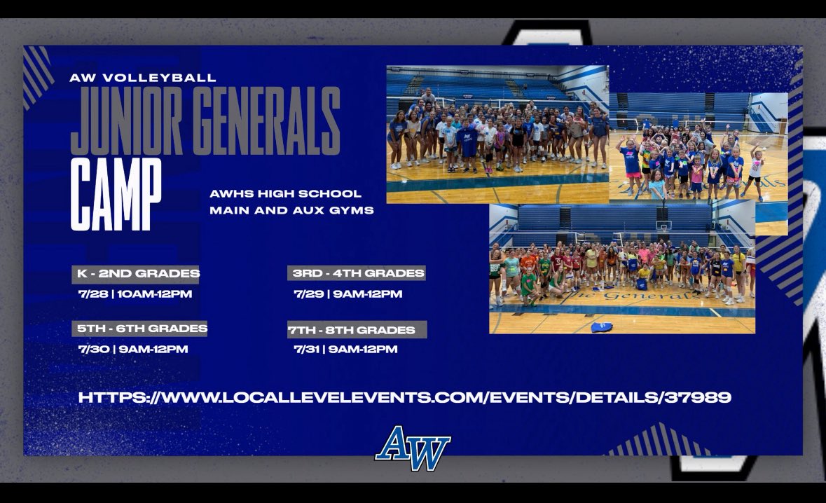 Anthony Wayne Volleyball (@awvball) on Twitter photo JULY Junior Generals Camp opportunities for all incoming K-8th grades!
<a href="/awlswa/">Waterville Primary</a> <a href="/awlswh/">Whitehouse Primary</a> <a href="/awlsmo/">Monclova Primary</a> <a href="/AWLSJH/">A. W. Junior High</a> <a href="/awlsft/">Fallen Timbers M.S.</a> <a href="/AWJHAthletics/">AWJH Athletics</a>
locallevelevents.com/events/details… JULY Junior Generals Camp opportunities for all incoming K-8th grades!
<a href="/awlswa/">Waterville Primary</a> <a href="/awlswh/">Whitehouse Primary</a> <a href="/awlsmo/">Monclova Primary</a> <a href="/AWLSJH/">A. W. Junior High</a> <a href="/awlsft/">Fallen Timbers M.S.</a> <a href="/AWJHAthletics/">AWJH Athletics</a>
locallevelevents.com/events/details…