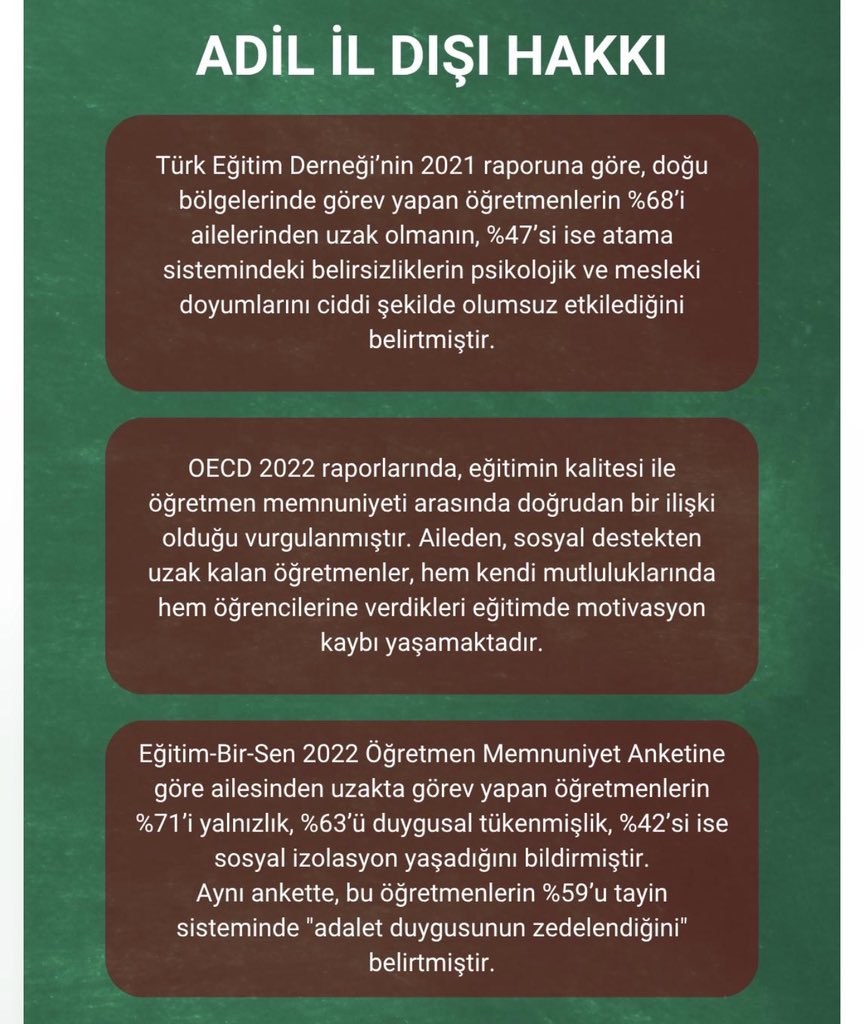 Öğretmenlere 2. İl dışı verilmelidir!
Açık olan okullar açılmalıdır!
Tayin olmak için illa evlenmek mi lazım!