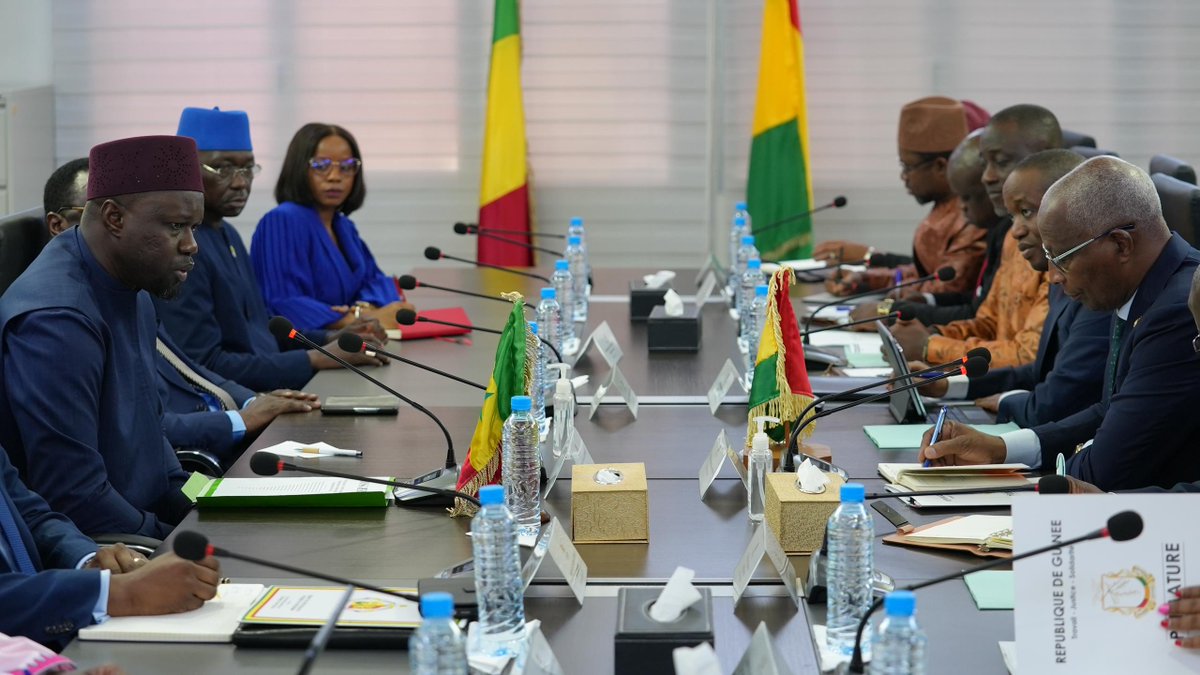 #Conakry Le Premier ministre Ousmane Sonko a entamé ce lundi 2 juin 2025 au Palais de la Colombe, siège du gouvernement guinéen, une séance de travail avec son homologue  Amadou Oury Bah . Les deux chefs de gouvernement vont passer en revue la coopération entre les deux pays dans