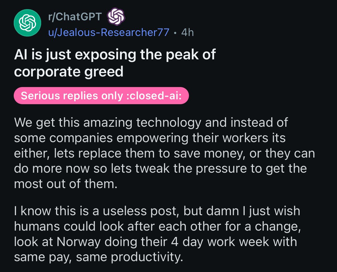 I always ask people who complain about corporate greed what stops them from starting a company that does the opposite

Never fire anyone, empower your employees, and don’t pressure them into working harder

They never have a good answer