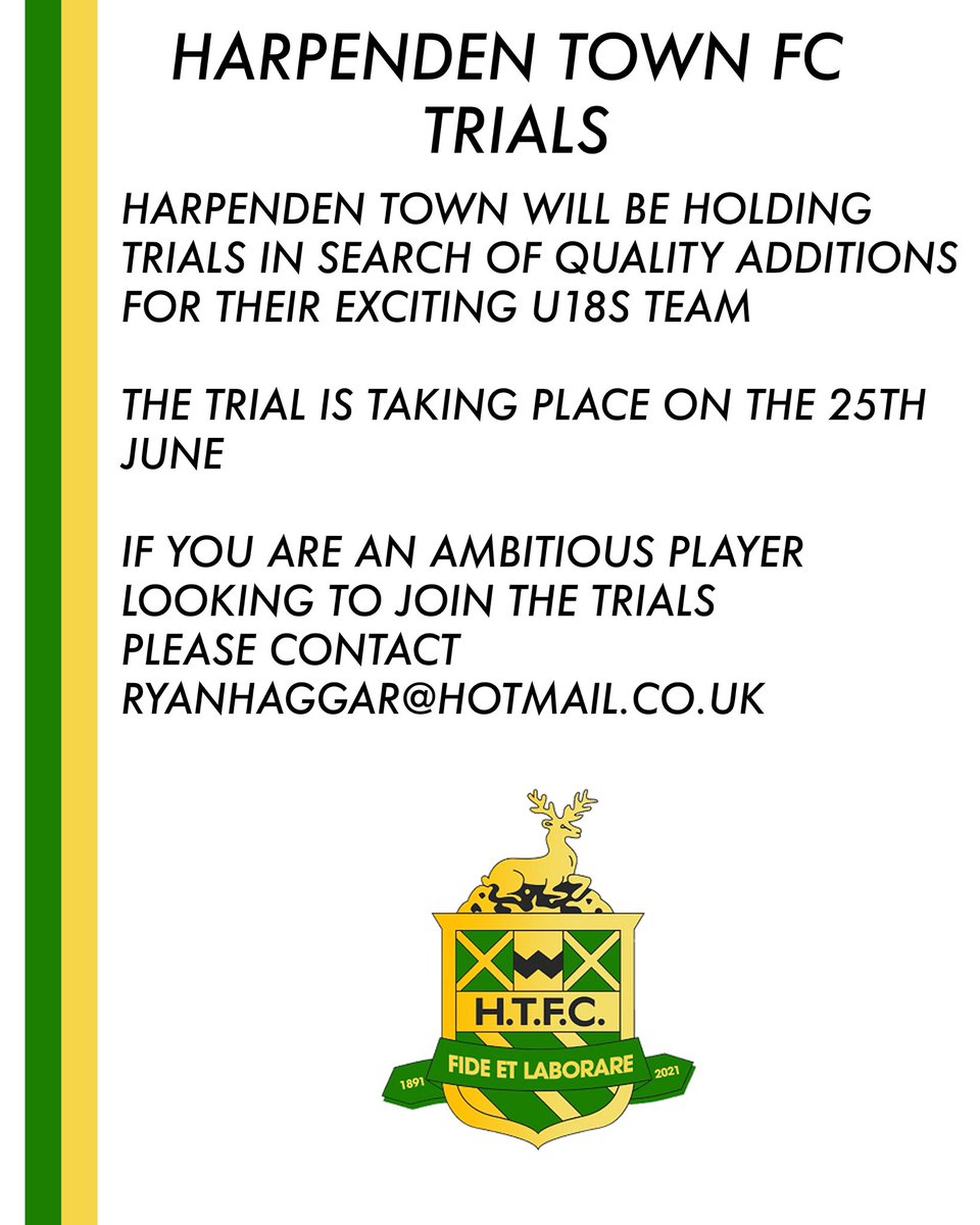 Harpenden Town FC (@harpenden_town) on Twitter photo HTFC U18s TRIALS 🚨
Are you an ambitious player looking to play football for our U18s side.
We are looking for talented players to join a young and exciting Harps side with a pathway that can lead to first team football!
Interested? Contact Ryanhaggar@hotmail.co.uk to HTFC U18s TRIALS 🚨
Are you an ambitious player looking to play football for our U18s side.
We are looking for talented players to join a young and exciting Harps side with a pathway that can lead to first team football!
Interested? Contact Ryanhaggar@hotmail.co.uk to