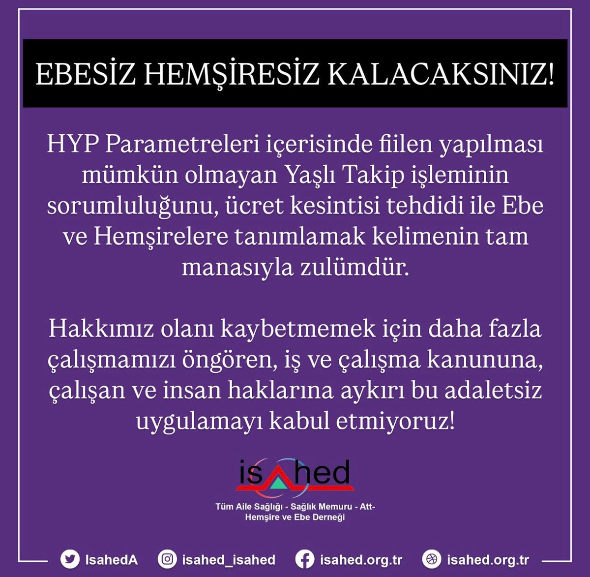 Zulüm Devam Ediyor! 
Sağlık Bakanlığı Aile Hekimliği Tarama ve Takip Katsayısına İlişkin Yönerge ile Aile Hekimliğinde görevli Ebe ve Hemşirelere yapılan zulmü üst seviyeye taşıdı! 
<a href="/RTErdogan/">Recep Tayyip Erdoğan</a> <a href="/tcbestepe/">T.C. Cumhurbaşkanlığı</a> <a href="/saglikbakanligi/">T.C. Sağlık Bakanlığı</a> <a href="/halksagligigm/">Halk Sağlığı Genel Müdürlüğü</a>