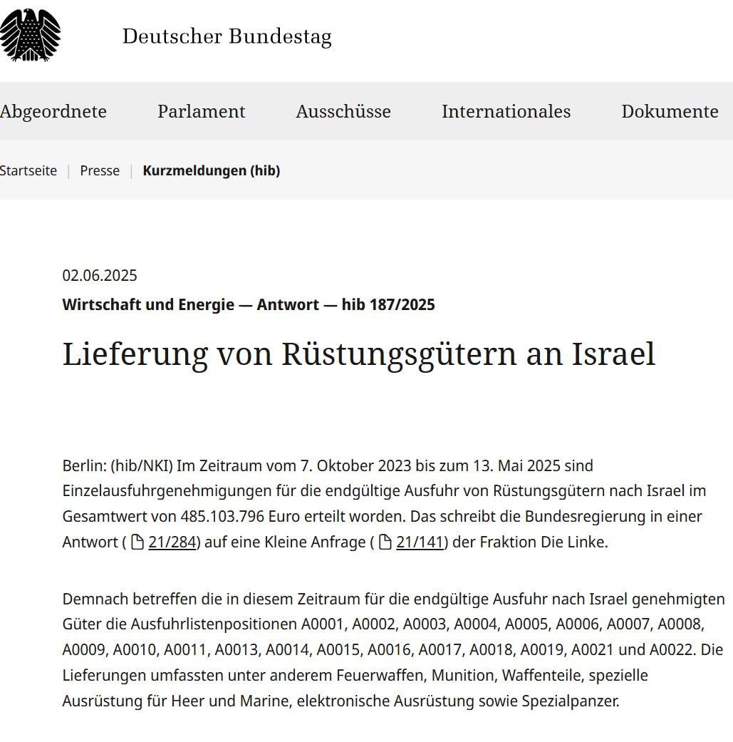 Das wird auch den Internationalen Gerichtshof (IGH) in Den Haag interessieren: Die #Bundesregierung hat bis Stichtag 13. Mai 2025 Rüstungslieferungen nach #Israel (u.a. Feuerwaffen, Munition &amp; Spezialpanzer) in Höhe von rund einer halben Mrd. Euro (485.103.796💶) genehmigt: