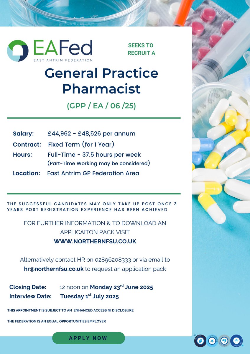📢 East Antrim GP Federation are recruiting for a General Practice Pharmacist

📅 Apply by 23 June 2025

🔗 northernfsu.co.uk/careers

 #EastAntrim #Pharmacyjobs
