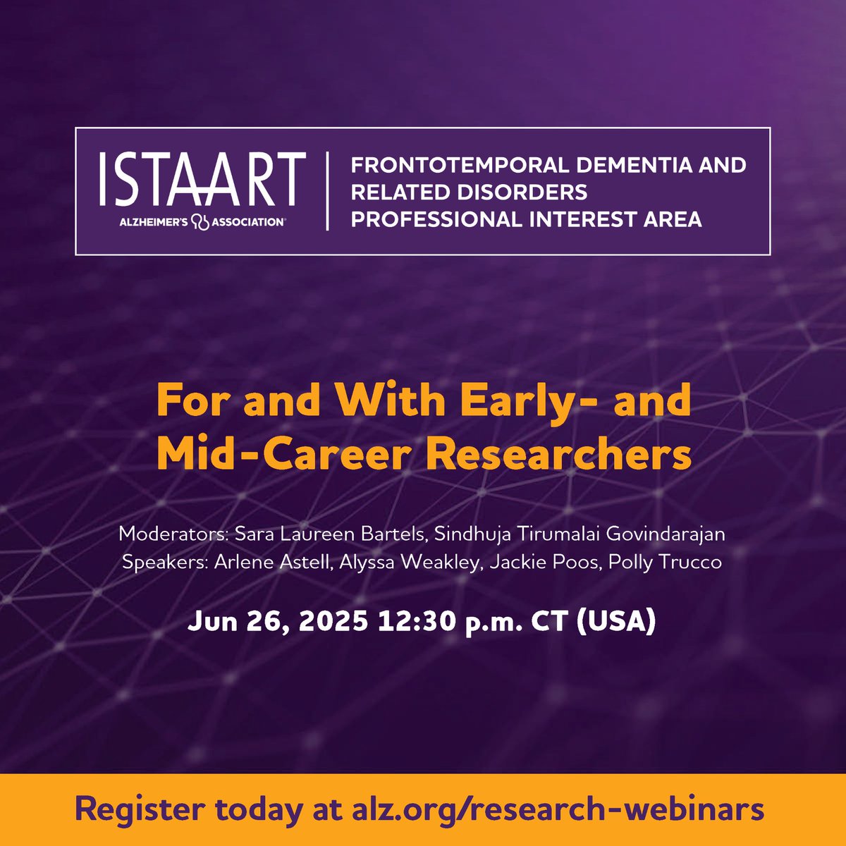 PEERSPIA's tweet image. 🚨 New webinar series alert!
PEERs PIA is launching a series spotlighting early career researchers, On June 26 : FTD & Related Disorders and Nonpharmacological Interventions PIAs.
Join us: 🔗 alz-org.zoom.us/webinar/regist…